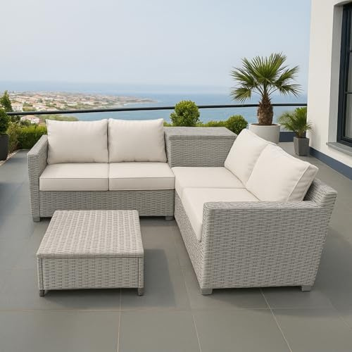 CONCEPT USINE Salon de Jardin ABACOS Résine Tressée 4 Places Gris | 2 canapés, module coffre latéral et table basse, coussins beige amovibles