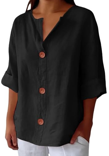 Uwdiohq Chemises en Lin pour Femmes été, Coton et Lin, col V, Manches 3/4, Amples, Vacances, Plage, Chemisiers, Tuniques Blouse Auxiliaire De Vie Blouse Femme Tunique Femme Grande Taille Manche