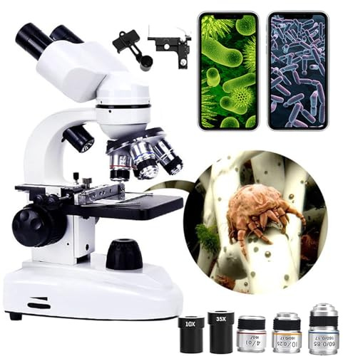 DEaThsalL Microscopio Binoculare Professionale, Set di Accessori da Laboratorio 6000X-15000X (Lente Obiettivo 3/4 + 4 Oculari), Osservazione Comoda A 45°, Connessione per Telefono Cellulare,6000X