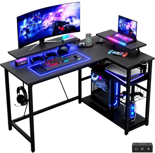 Devoko Gaming-Schreibtisch Ecke 120x80cm mit Doppel-Monitorhalterung, LED-Beleuchtung, höhenverstellbarer Ablage & Carbon-Optik Schwarz