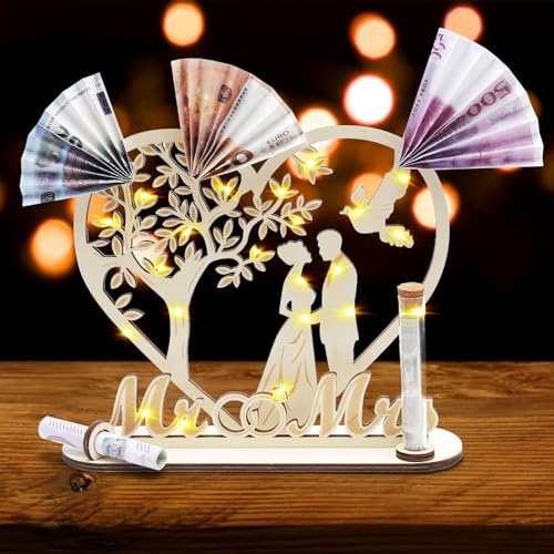 Hochzeitsgeschenk Holz mit LED Lichterkette, DIY Geldgeschenk für Brautpaar, Handgefertigtes Mr & Mrs Deko Set mit Reagenzglas, Grußkarte & Geschenkverpackung, Romantische Tischdeko zur Hochzeit
