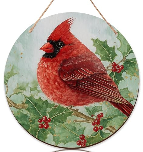 Cartello di benvenuto cardinale per porta d'ingresso, natura invernale con bacche di agrifoglio di Natale in legno rosso portico esterno cartelli di benvenuto decorazioni per porta d'ingresso portico