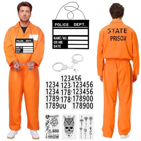 TOPRUNYI Gefängnis Kostüm Herren, Prisoner Overall für Halloween, Sträfling Kostüm Damen Orange mit Namensschild und Handschellen,Gefangener