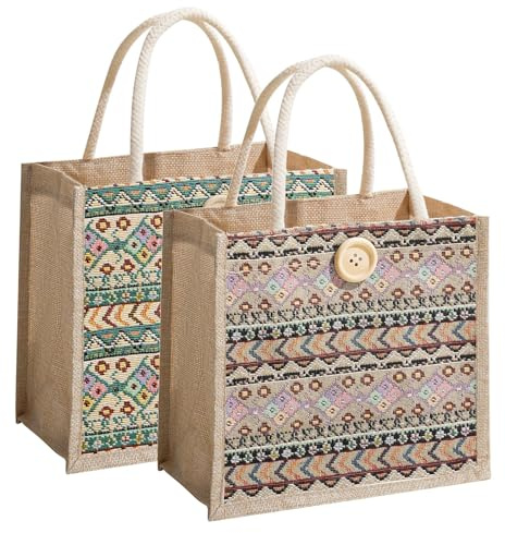 EKKONG Jute Tragetasche, 2 Stück Jutebeutel für Damen, Einkaufstasche, Tasche Tote, Shopper Bag, Handtasche, Geschenktaschen, Korbtasche für Picknick Reisen Einkaufen Strand Alltag Frau Geschenk