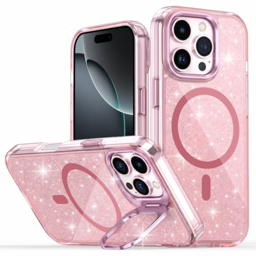 Tawarror Cover Magnetica per iPhone 16 Pro con Supporto per videocamera, Compatible con MagSafe, Glitter Custodia per iPhone 16 Pro, PC Rigido + TPU Anti Graffio Anti Caduta, Rosa