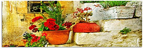 Paul Sinus Art Panoramabild auf Leinwand und Keilrahmen 150x50cm Steinhaus Treppe Blumen Griechenland