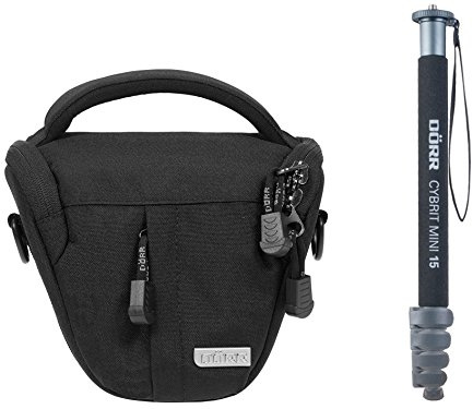 Foto Tasche Kamera Bag Colt Black Stone Halfter XS im Set mit Einbein Stativ Monopod Cybrit Mini 15 stahlgrau