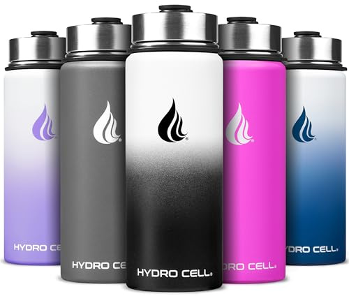 HYDRO CELL Stainless Steel Water Bottle with Straw & Wide Mouth Lids (18oz) - Keeps Liquids Perfectly Hot or Cold with Double Wall Vacuum Insulated Sweat Proof Sport Design (Black/White 18oz)