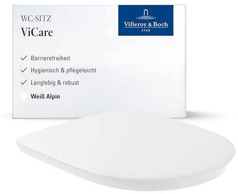 Villeroy & Boch ViCare abattant WC adapté pers. mob. réduite - Couv. toil. Blanc Duroplast - Abat. toil. charnières acier inox. et rainures préhension - Couv. waters résis. forme D - Pièce rech. orig.
