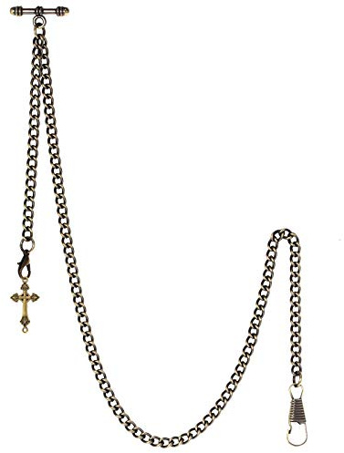 TREEWETO Men's Albert Chain Pocket Watch Curb Link Key Chain 2 Hooks with Antique Cross Bronze Pendant Design Charm Fob T Bar