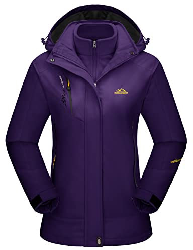 KEFITEVD Winterjacke Damen Warm Fleece 3-in-1 Jacke Outdoorjacke Angelbekleidung Winter Wanderjacke Ski Jacket Wasserdicht Stehkragen Trekking Jacke Dunkelviolett XL