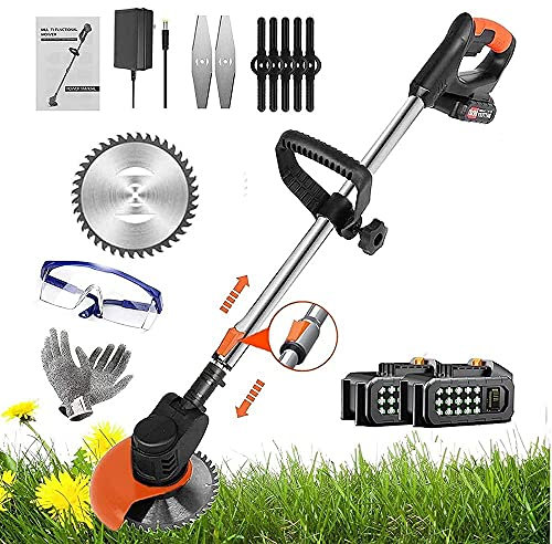 Decespugliatore Elettrico Batteria Taglia Erba Senza Filo Tagliabordi Elettrici Con 2 Batterie E Lame In Metallo, Tagliaerba A Filo Leggero 90° Regolabile E Maniglia per Prati, Giardini