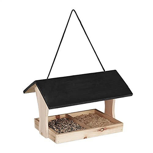 Relaxdays Mangiatoia per Uccelli, Casetta Appesa Grande, Legno, Dispenser Mangime da Esterno, 22,5x36x26,5 cm, Naturale