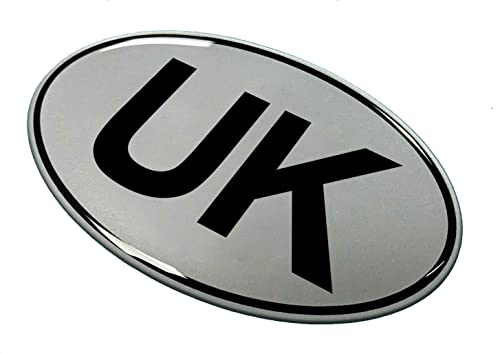 UK Car Oval Gel Domed Sticker 75mm x 43mm Sticker/Decal - Retro - BLACK on SILVER