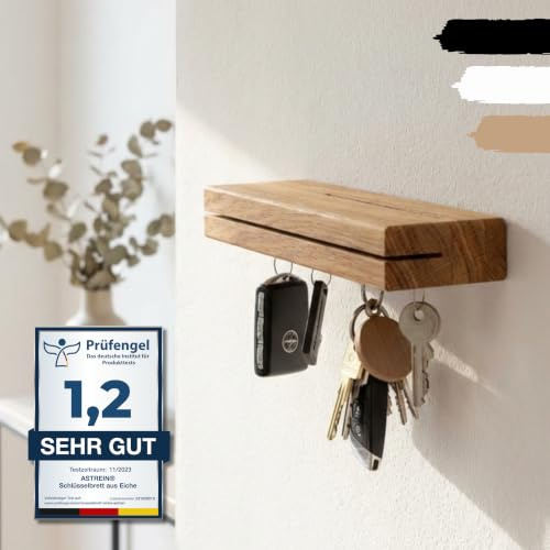 Astrein® | Schlüsselbrett Eiche | Magnetischer Schlüsselhalter aus Massivholz mit Ablage | Wandmontage | Starkes Magnetboard für Schlüssel & Karten – 30 cm
