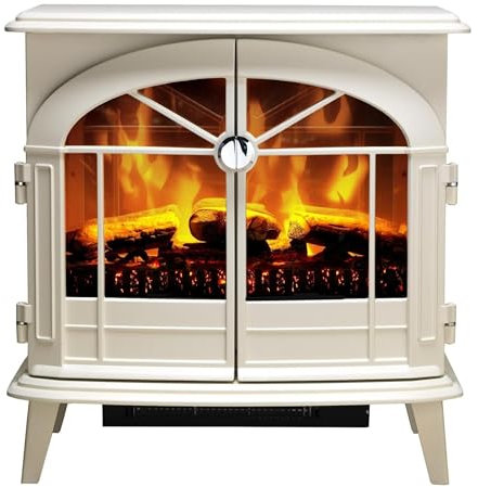 Dimplex Fullerton Large Optiflame Electric Stove, Light Grey Freestanding Wood Burner Style LED Fire with Logs, Opening Doors, 2kW Fan Heater, Plus 1000 or 2000 Watt Heat Settings and Remote Control