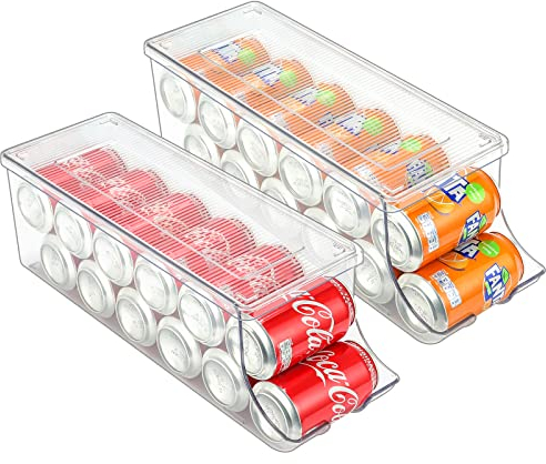 Puricon 2 Pcs Soda Can Fridge Dispenser Organizer, Clear Plastic Storage Drawer Organizer Canned Food Pop Cans Beverage Container with Lid -Standard