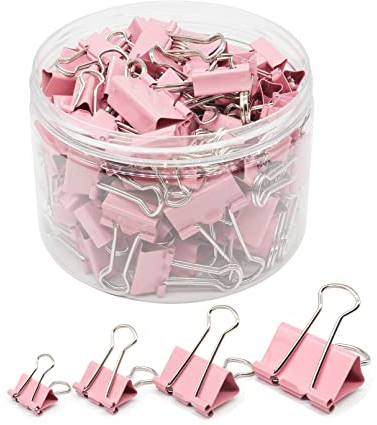 Binder Clip Paper Clamps, Assorted Sizes (Mini, Small, Medium, Large), 100 Pcs Clips for Office School Supplies (Pink)