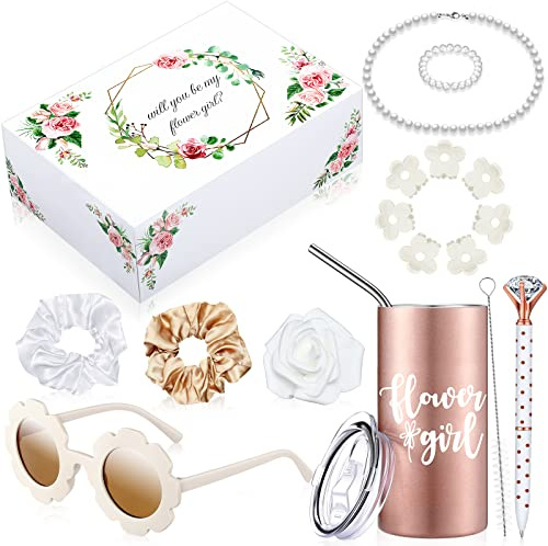 Yilloog 20 Pcs Flower Girl Proposal Gifts Box Set Water Bottle Tumbler Round Glasses Necklace Pearl Bracelet Will You Be My Flower Girl for Wedding(White)