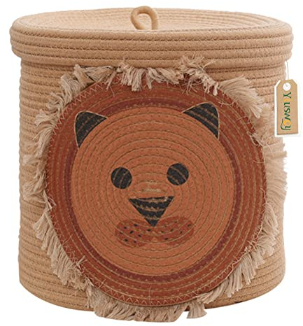 Yiuswoy Baby Wäschekorb Große Baumwollseilkorb Kinderzimmer Spielzeug Aufbewahrungskorb mit Deckel Wäschesammler Korb Tiere Löwe als Heimdekoration, 32 x 32 cm, Braun