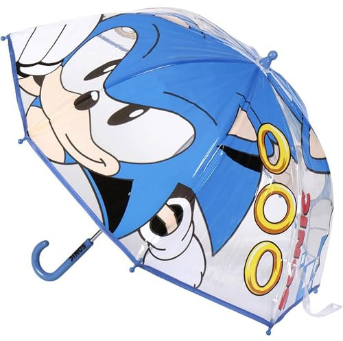 Parapluie Cloche Sonic - Imprimé Sonic et Anneaux - Coloris Bleu - Ouverture Manuelle - Fabriqué en 100% POE avec Structure en Fibre de Verre - Produit Original Conçu en Espagne