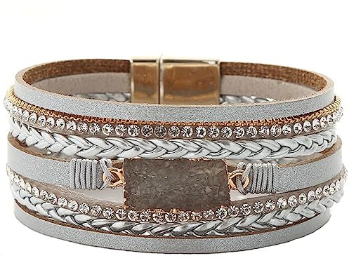 HESHS Boho Wickelarmbänder Handgewebt Leder Manschettenarmreif Mehrschichtig Eingelegte Strasssteine Armband Für Frauen Mädchen Charm Druckknopf Armbänder Schmuck Armreif Geschenk,Grau