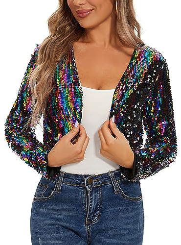 MINTLIMIT Pailletten Strickjacke Damen Kurz Offene Cardigan Langarm Bolero Dünne Elegant Ohne Knöpfe Jacke Bolerojacke