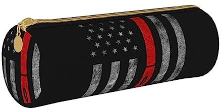 avlyn Trousse à crayons ronde en cuir de vache marron pour femme et homme - Pour l'école, le bureau et les voyages, Drapeau hache de pompier ligne rouge, Taille unique, Cartable