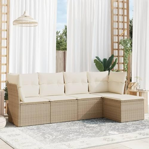 Faroom Balkon Ecklounge mit Stauraum Gartenlounge Klein Balkon Lounge Rattan Sofa Balkonsofa Kleiner Balkon Sitzecke Balkon Loungemöbel Gartensofa Ecksofa Balkonmöbel beige and Cream 5-tlg-Type-519