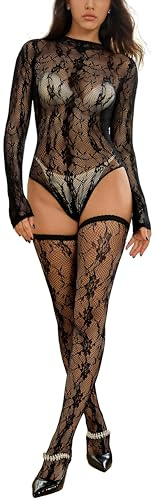 Bommi Fairy Women's Sexy Fishnet Lingerie Sets Backless Bodysuit Top With Thigh-high Stockings Clubwear Cute Nightwear