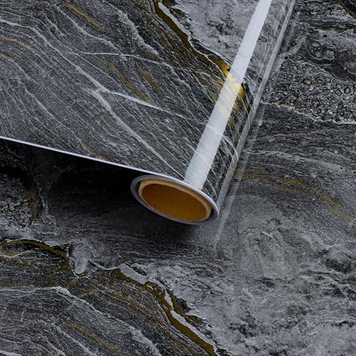 VaryFloral Black Grey Gold Marble Contact Paper Peel and Stick Countertops Glossy Modern Dark Gray Marble Granite Wallpaper Vinyl Wrap for Kitchen Waterproof Self Adhesive Table Top Covers 11.8x118