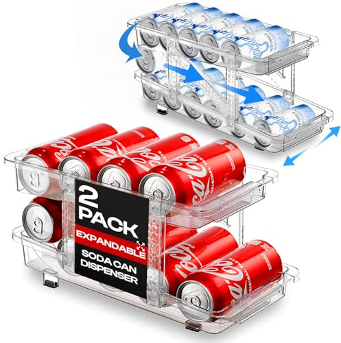 Expandable Soda Can Dispenser For Fridge - 2-Pack - Clear Transparent Soda Can Organizer For Refrigerator, Kitchen, and Pantry Storage Organizer for Cans, Beverage Bottle, Canned Food & Bottles