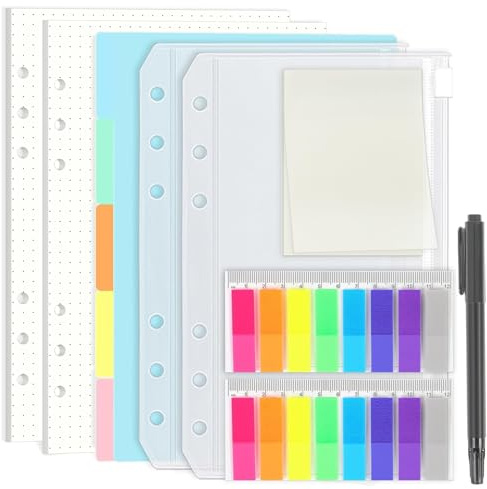 SKYDUE A5 Ringbuch Nachfüllbar Set – 90 Blatt Papier Gepunktet (180 Seiten), 5 Trennblätter aus PP, Bunte Haftnotizen & 2 Umschläge