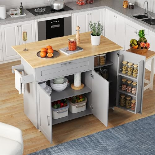 L132.5*B44(70)*H90cm - Tavolo da cucina mobile, piano di lavoro, pieghevole, in legno di quercia, multifunzionale, portaspezie, portasciugamani, 5 rotoli, adatto per cucina/mangiare/casa (grigio)