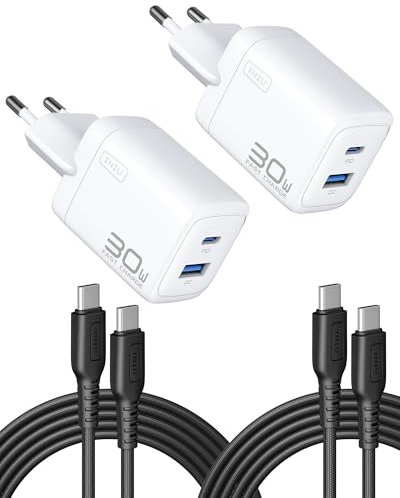 INIU Caricatore USB C da 30 W, confezione da 2, [USB-C + USB-A] alimentatore multiplo con cavo USB-C, PD 3.0, adattatore USB C per iPhone 16 15 Pro Max, iPad Pro, Samsung S24 Ultra, telefono cellulare