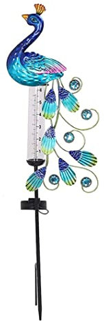 Pluviomètre lumineux à énergie solaire en métal avec piquets de jardin en forme de paon, décorations de jardin étanches Pluviomètre à énergie solaire en métal avec piquets de pluviomètre, décorations
