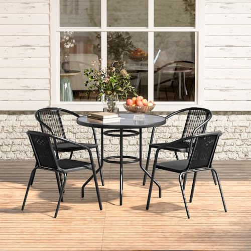Warmiehomy 5 Piece Garden Dining Table and Chairs 4 Seater Garden Furniture Set Round Tempered Glass Table with Parasol Hole Wicker Stackable Chairs Wood Grain Outdoor Table Set for Patio, Yard