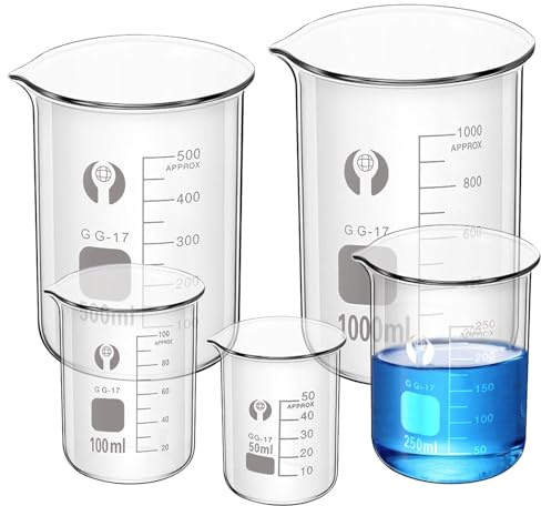 5-pack glas mätkopp set: WANDGU 50 ml 100 ml 250 ml 500 ml 1000 ml glas bägare, graderad mätkopp för laboratorier, klassrum, kök