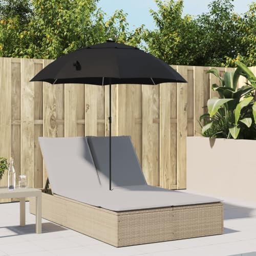 Homgoday Doppel-Sonnenliege mit Kissen & Sonnenschirm Beige und Grau Poly Rattan Gartenliege Doppelliege Balkonliege Relaxliege Sonnenliegen für 2 Personen Garten Relaxliege