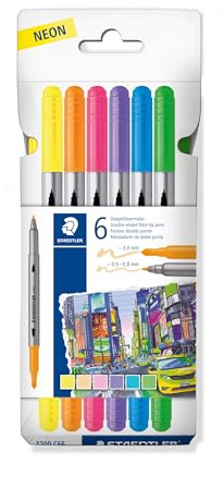 Staedtler 3200 3200 C6F Double Fibre Tip Pens Neon Two Tips for Narrow and Wide Lines, Case with 6 Double Fibre Tip Pens in Assorted Colours