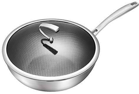 ASerZenith Wok De Acero Inoxidable Grueso con Diseño De Panal, Sartén Hecha A Mano, Antiadherente Y Antioxidante, para Cocina De Gas O Inducción, Utensilios De Cocina