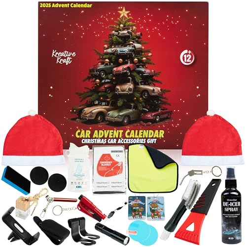 KreativeKraft Car Accessories Advent Calendar 2025 Men Women Teens, 24 Pcs Including Car Phone Holder & Keychains, Christmas Countdown Gifts for Him