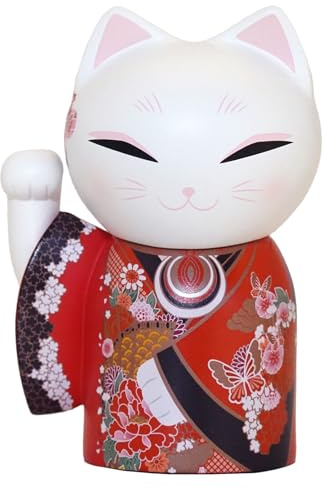 Kimmidoll Figura de Maneki Neko, kimono japonés de la suerte, decoración de muñeca de gato de la suerte, colección interior de 3.5 pulgadas, gato Beckoning (KICHI)