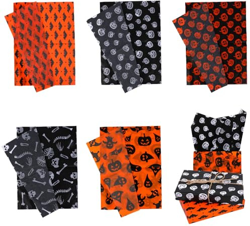 Tinoaly 30 Blatt Halloween Seidenpapier, 35x50 cm 5 Stile Kürbisse Geister Totenköpfe Fledermäuse Druck Geschenkverpackung Geschenkpapier für Halloween Party Dekoration DIY Bastelbedarf