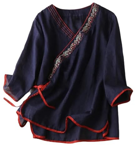 Hauts pour femme à manches 3/4 en coton et lin brodés - Vintage - Chemise Cheongsam - Hanfu - Costume traditionnel chinois - Zen Tee - Boutonnière - Blouses élégantes surdimensionnées, C01 bleu marine