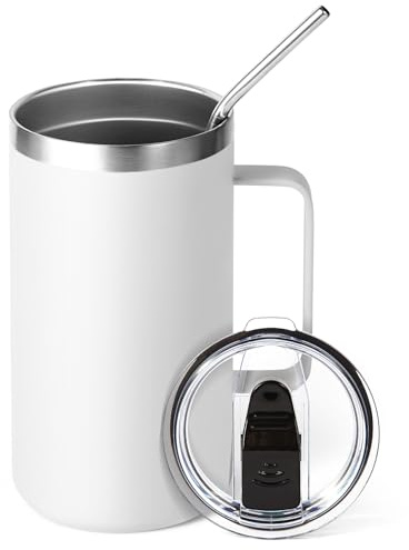 Volhoply 650ml (22oz) Insulated Coffee Mug with Lid and Straw, Stainless Steel Travel Mugs with Handle, Leak Proof Double Wall Coffee Cup for Hot and Cold Drinks (White,1 Pack)