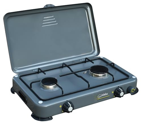 SOLEILUX Fornello a Gas Da Campeggio 2 Fuochi con Accensione Piezo e Bruciatori in Ghisa Rimovibili GAS GPL/METANO
