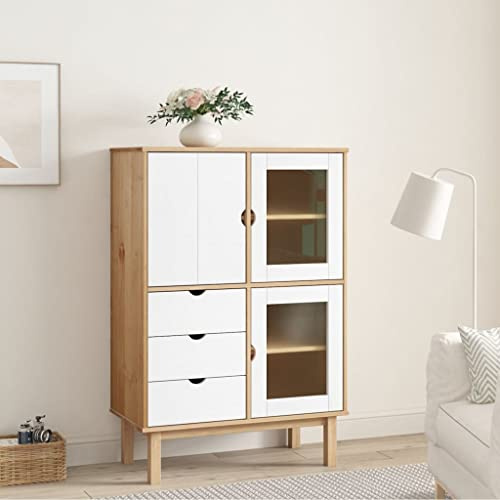 Teenpull OTTA highboard, brun och vit, 85 x 43 x 125 cm, massiv furu, skänk, skåp med förvaringsutrymme, köksbuffé för matsal och vardagsrum