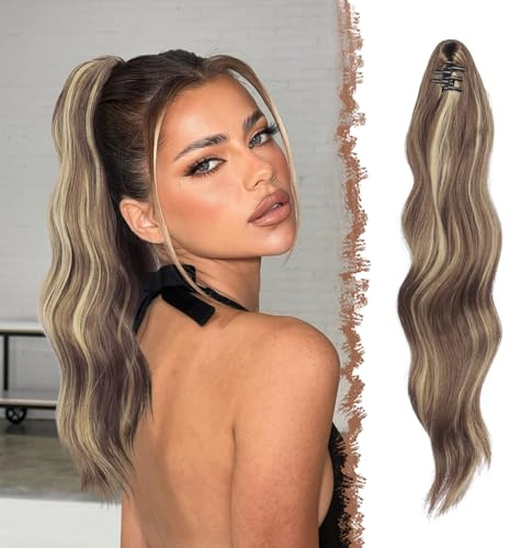FESHFEN Pferdeschwanz Extensions Klammer, 50 cm Lang Clip Ponytail Haarteil Gewellt Hellbraun und Blond Zopf Haarteile Extension Haarverlängerung für Frauen