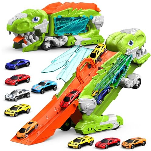 Dinosaurier Lastwagen Spielzeug mit 8 Autos,Kinder Spielzeugautos für 3 4 5 6 7 8+Jahre alt Jungen,Garagen,Rennbahn-Set,Transforms in Dino mit Flügeln,Transporter-LKW,Geburtstagsgeschenke für Jungen